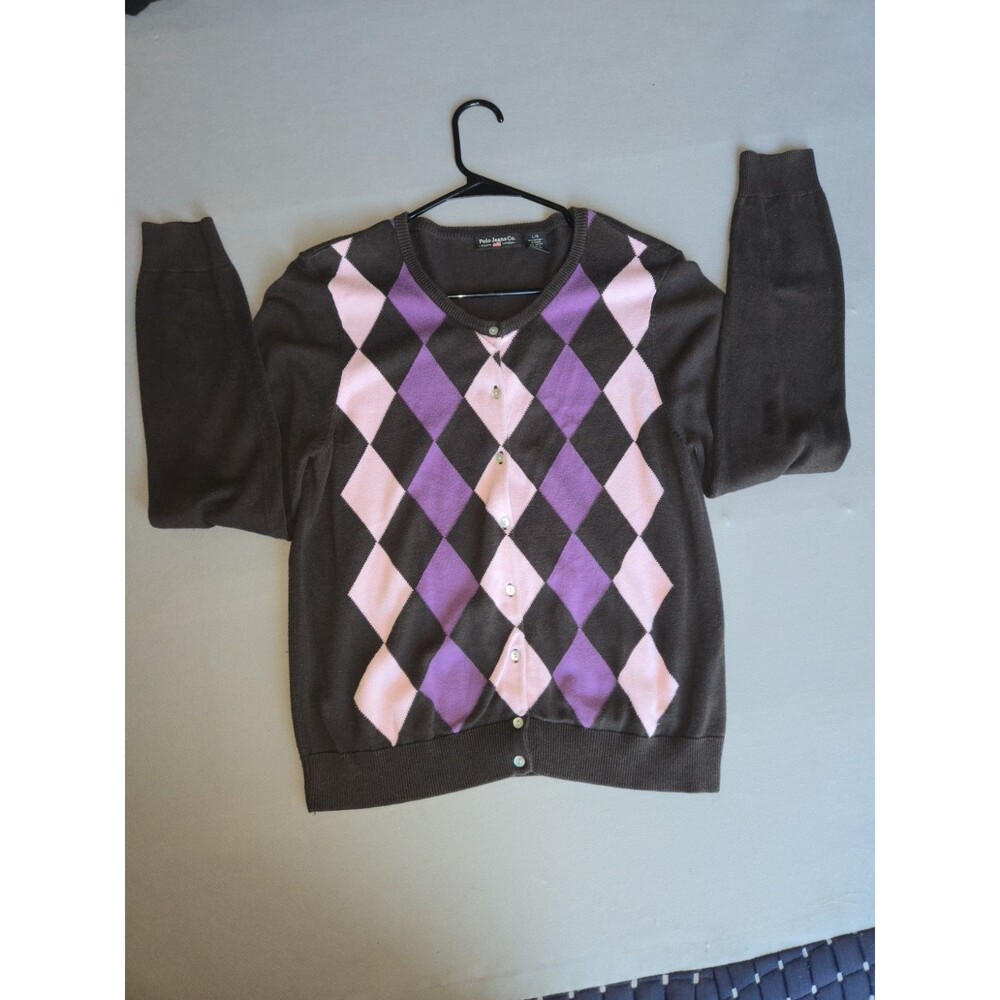 Polo Jeans Co Ralph Lauren Argyle Cardigan Sweater Womens L Brown Pink PurpleY2K - Picture 9 of 9